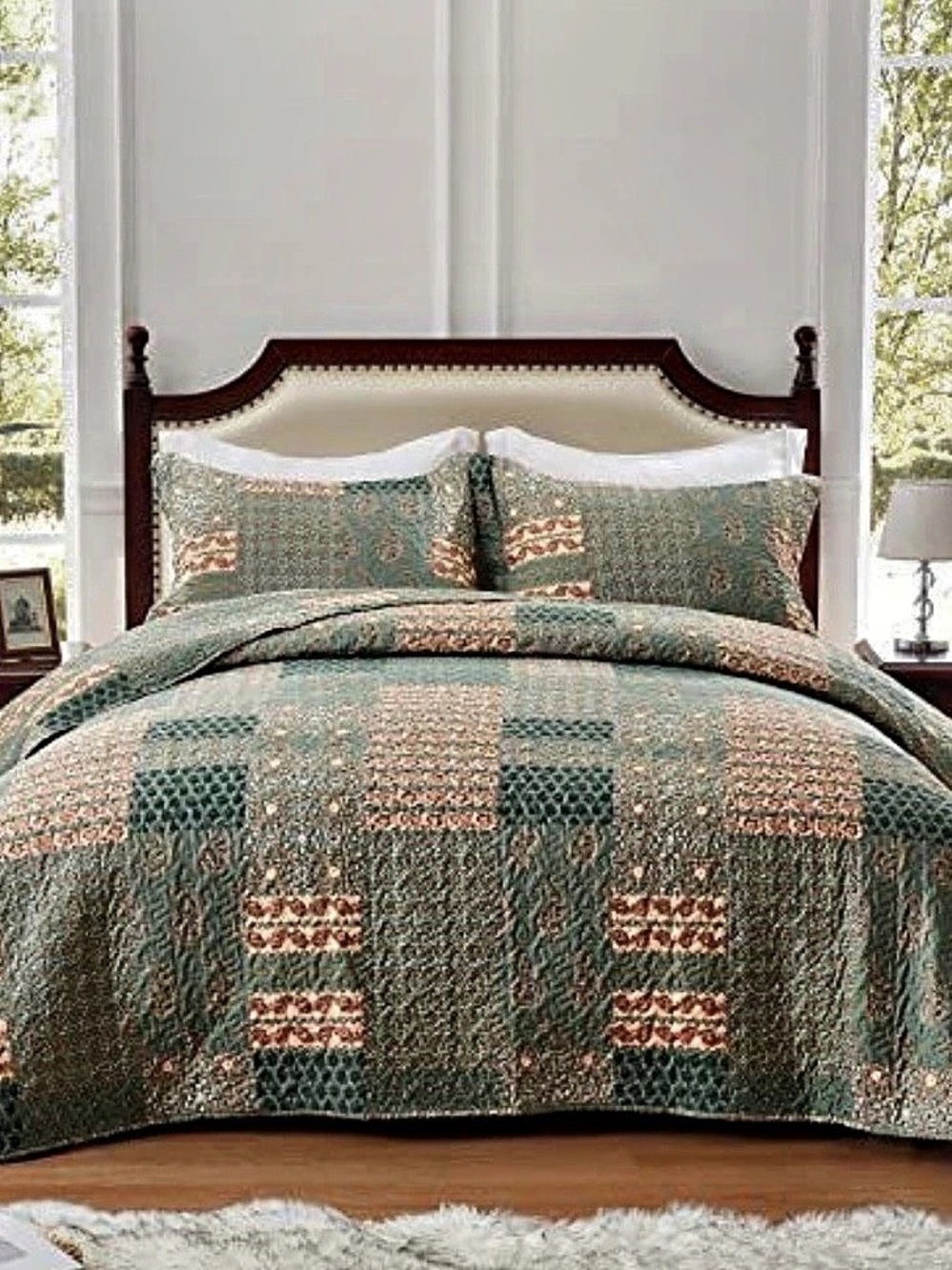 Green Geometric Quilt Paisley 3 pc set Queen